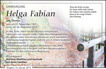 Traueranzeige von Helga Fabian von Leipziger Volkszeitung