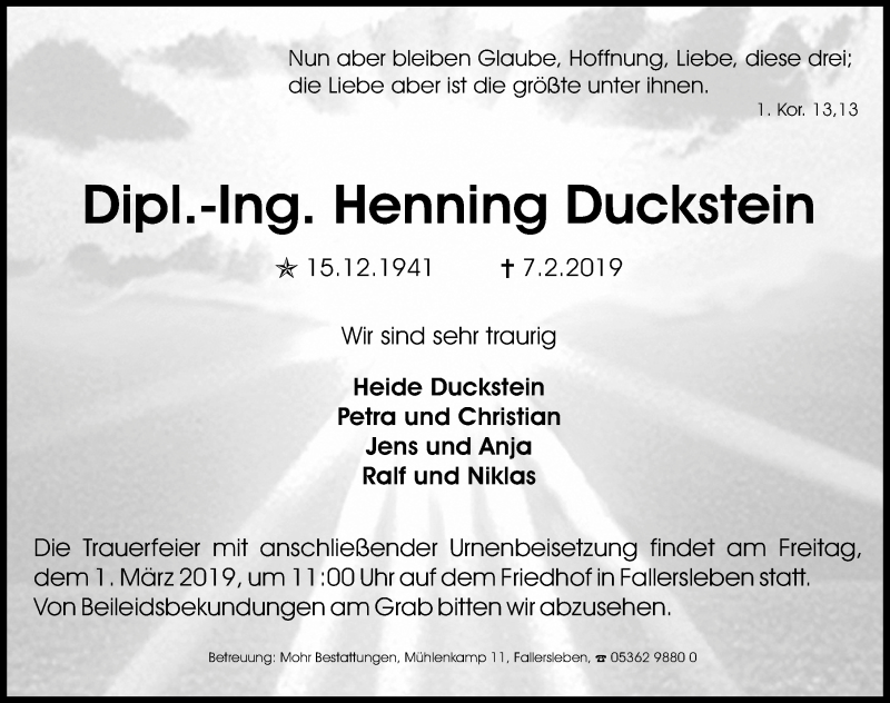  Traueranzeige für Henning Duckstein vom 09.02.2019 aus Aller Zeitung