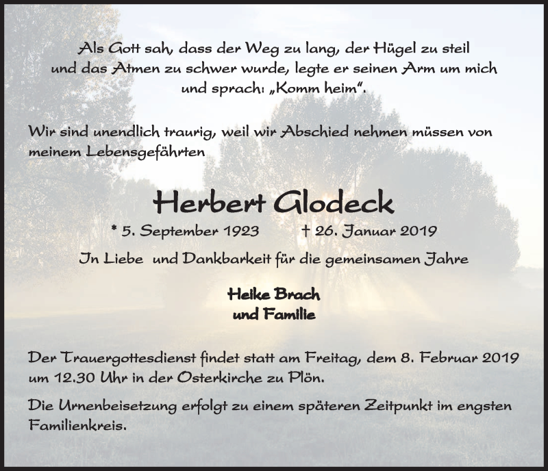  Traueranzeige für Herbert Glodeck vom 05.02.2019 aus Kieler Nachrichten