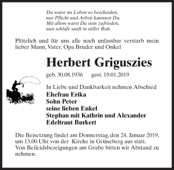 Traueranzeige von Herbert Griguszies von Märkischen Allgemeine Zeitung
