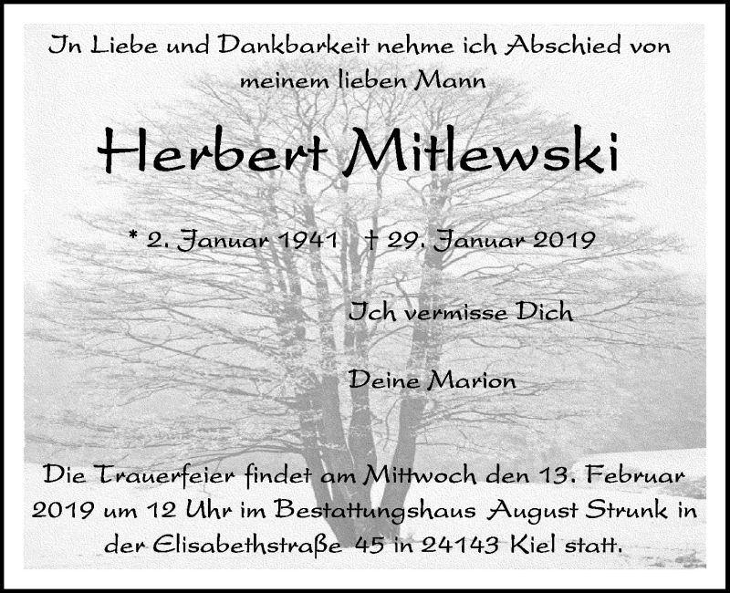  Traueranzeige für Herbert Mitlewski vom 09.02.2019 aus Kieler Nachrichten