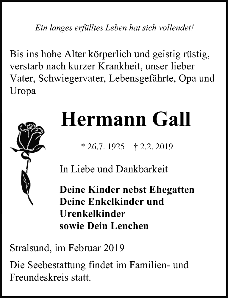  Traueranzeige für Hermann Gall vom 16.02.2019 aus Ostsee-Zeitung GmbH