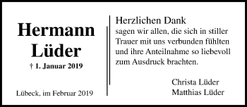 Traueranzeige von Hermann Lüder von Lübecker Nachrichten