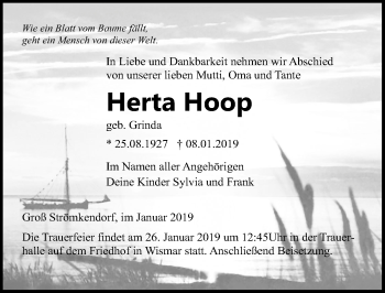 Traueranzeige von Herta Hoop von Ostsee-Zeitung GmbH