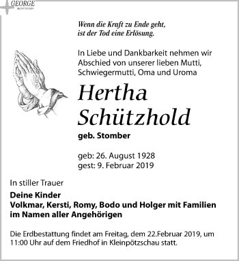 Traueranzeige von Hertha Schützhold von Leipziger Volkszeitung