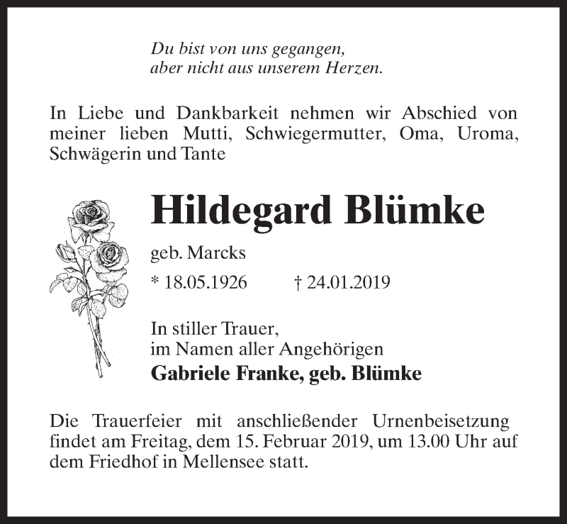  Traueranzeige für Hildegard Blümke vom 02.02.2019 aus Märkischen Allgemeine Zeitung