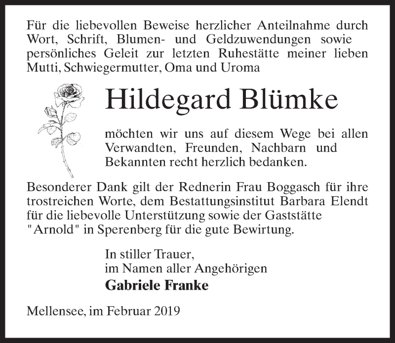  Traueranzeige für Hildegard Blümke vom 23.02.2019 aus Märkischen Allgemeine Zeitung