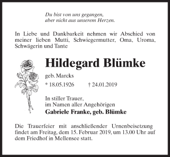 Traueranzeige von Hildegard Blümke von Märkischen Allgemeine Zeitung