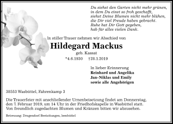 Traueranzeige von Hildegard Mackus von Aller Zeitung