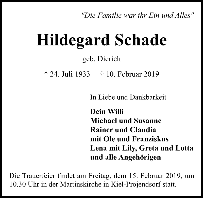  Traueranzeige für Hildegard Schade vom 13.02.2019 aus Kieler Nachrichten