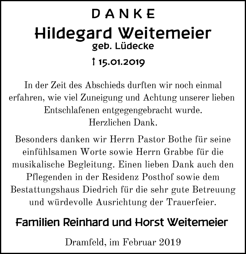  Traueranzeige für Hildegard Weitemeier vom 09.02.2019 aus 