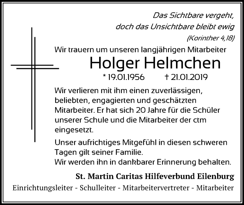  Traueranzeige für Holger Helmchen vom 02.02.2019 aus Leipziger Volkszeitung