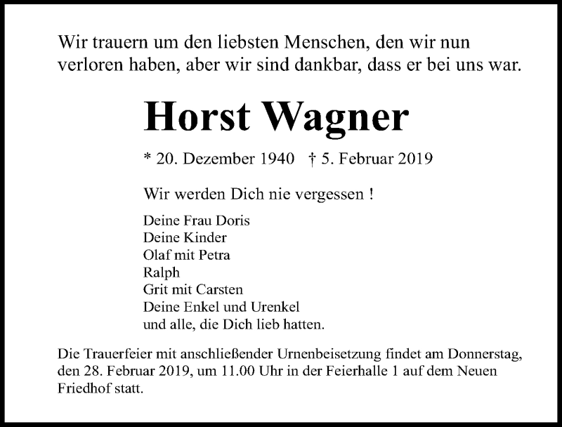  Traueranzeige für Horst Wagner vom 09.02.2019 aus Ostsee-Zeitung GmbH