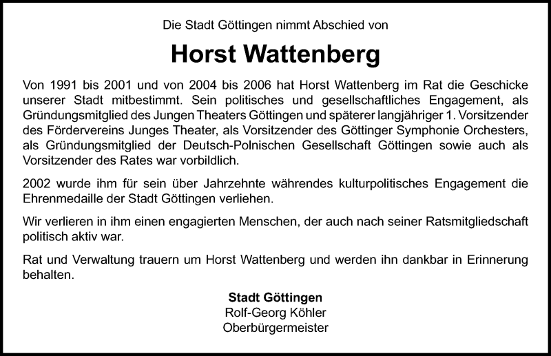  Traueranzeige für Horst Wattenberg vom 09.02.2019 aus 