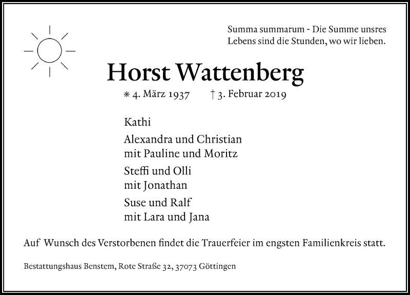  Traueranzeige für Horst Wattenberg vom 07.02.2019 aus 