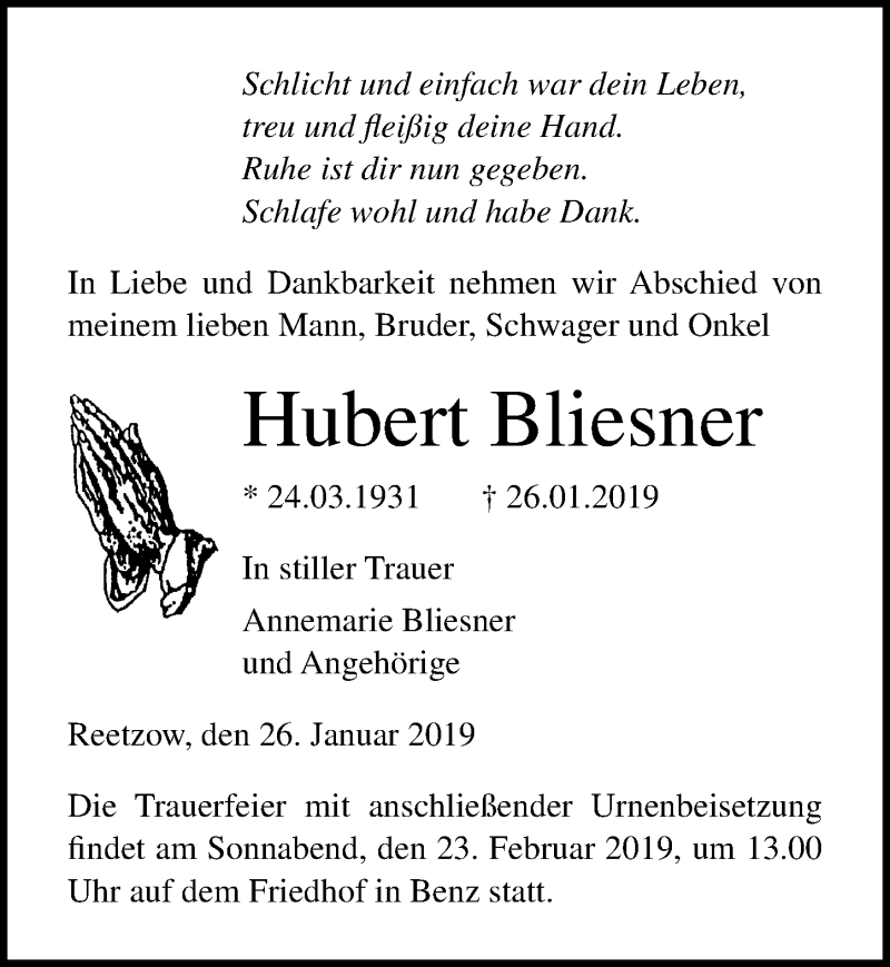 Traueranzeige für Hubert Bliesner vom 09.02.2019 aus Ostsee-Zeitung GmbH