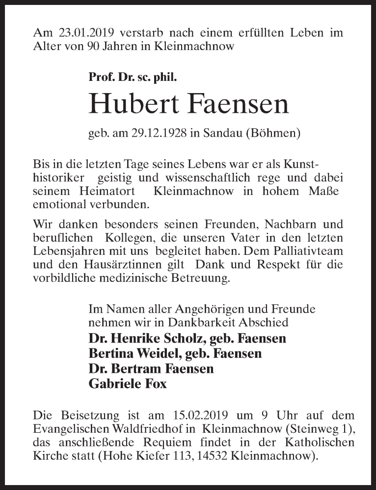  Traueranzeige für Hubert Faensen vom 02.02.2019 aus Märkischen Allgemeine Zeitung