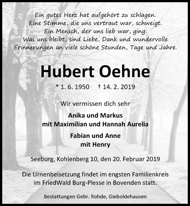  Traueranzeige für Hubert Oehne vom 20.02.2019 aus Eichsfelder Tageblatt