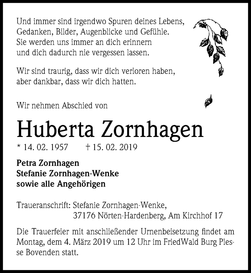  Traueranzeige für Huberta Zornhagen vom 23.02.2019 aus Göttinger Tageblatt