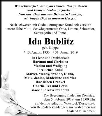 Traueranzeige von Ida Bublitz von Märkischen Allgemeine Zeitung