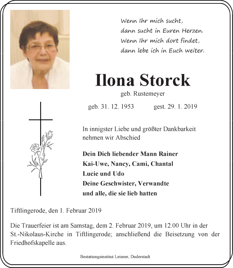  Traueranzeige für Ilona Storck vom 01.02.2019 aus 