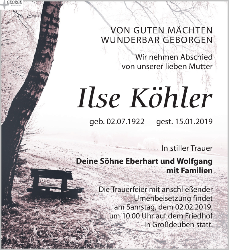  Traueranzeige für Ilse Köhler vom 26.01.2019 aus Leipziger Volkszeitung