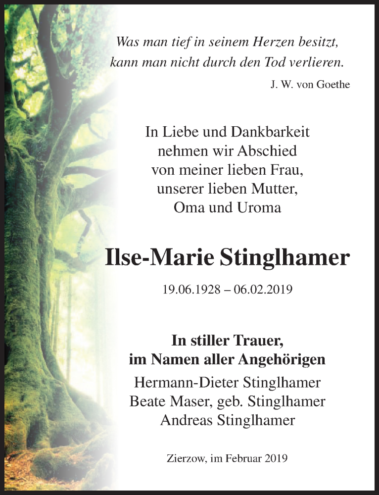  Traueranzeige für Ilse-Marie Stinglhamer vom 15.02.2019 aus Ostsee-Zeitung GmbH