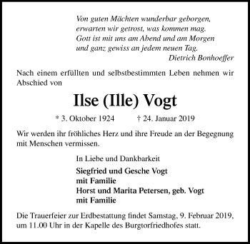 Traueranzeige von Ilse  Vogt von Lübecker Nachrichten