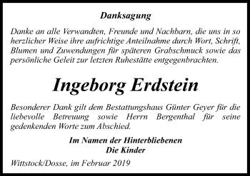 Traueranzeige von Ingeborg Erdstein von Märkischen Allgemeine Zeitung