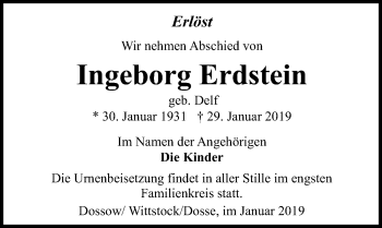 Traueranzeige von Ingeborg Erdstein von Märkischen Allgemeine Zeitung