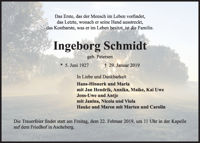  Traueranzeige für Ingeborg Schmidt vom 16.02.2019 aus Kieler Nachrichten