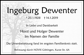 Traueranzeige von Ingeburg Dewenter von Göttinger Tageblatt