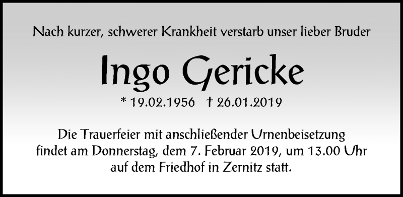  Traueranzeige für Ingo Qericke vom 02.02.2019 aus Märkischen Allgemeine Zeitung