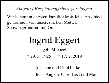 Traueranzeige von Ingrid Eggert von Lübecker Nachrichten