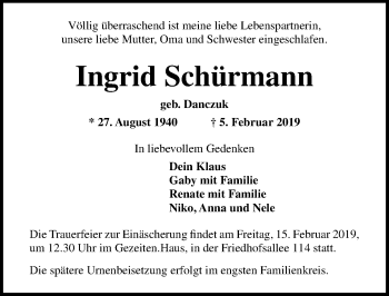 Traueranzeige von Ingrid Schürmann von Lübecker Nachrichten