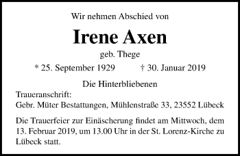 Traueranzeige von Irene Axen von Lübecker Nachrichten