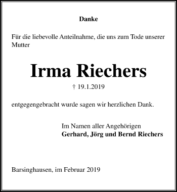 Traueranzeige von Irma Riechers von Hannoversche Allgemeine Zeitung/Neue Presse