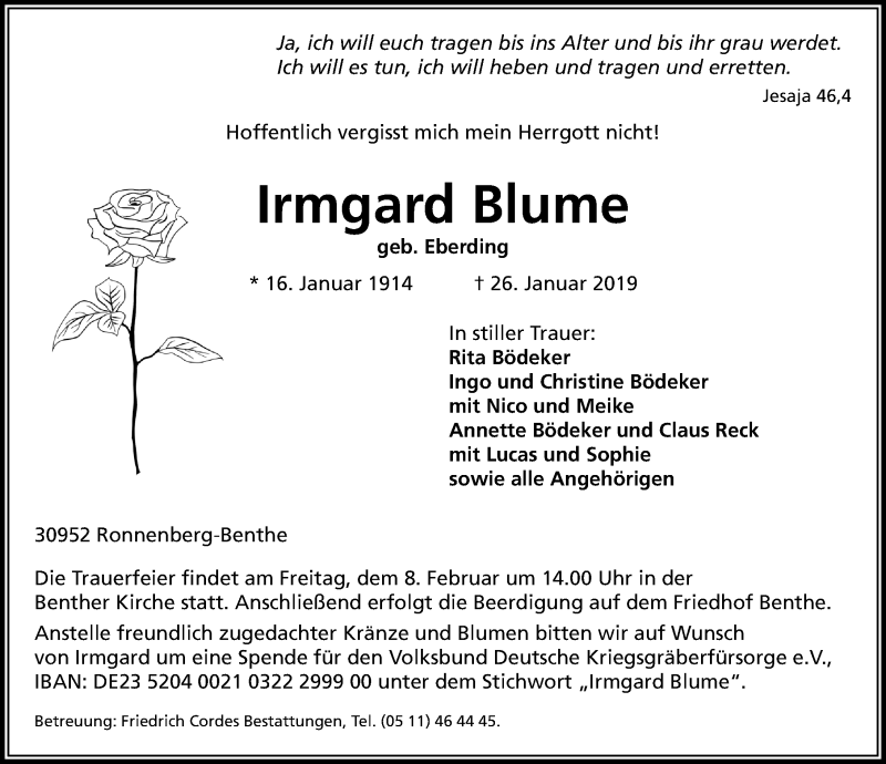  Traueranzeige für Irmgard Blume vom 02.02.2019 aus Hannoversche Allgemeine Zeitung/Neue Presse