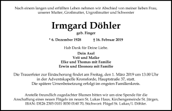 Traueranzeige von Irmgard Döhler von Lübecker Nachrichten