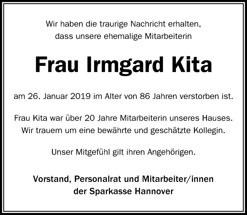  Traueranzeige für Irmgard Kita vom 15.02.2019 aus Hannoversche Allgemeine Zeitung/Neue Presse
