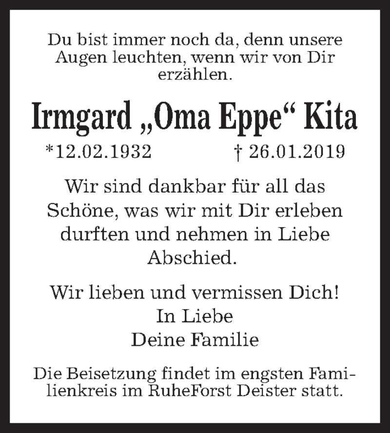  Traueranzeige für Irmgard Kita vom 09.02.2019 aus Hannoversche Allgemeine Zeitung/Neue Presse