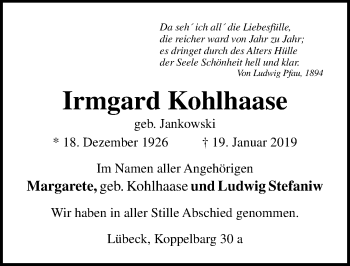 Traueranzeige von Irmgard Kohlhaase von Lübecker Nachrichten