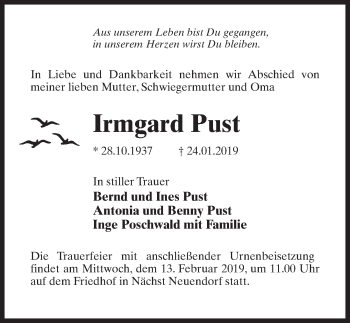 Traueranzeige von Irmgard Pust von Märkischen Allgemeine Zeitung