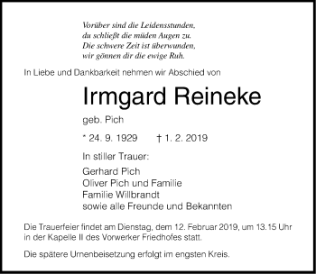 Traueranzeige von Irmgard Reineke von Lübecker Nachrichten
