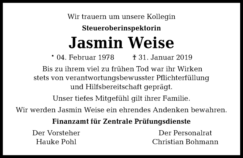  Traueranzeige für Jasmin Weise vom 09.02.2019 aus Kieler Nachrichten