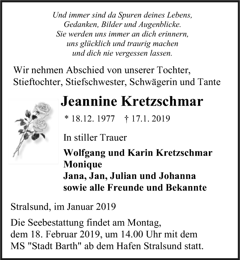 Traueranzeige für Jeannine Kretzschmar vom 02.02.2019 aus Ostsee-Zeitung GmbH