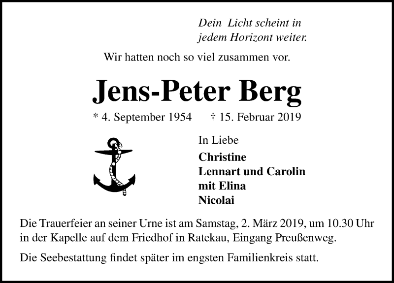  Traueranzeige für Jens-Peter Berg vom 24.02.2019 aus Lübecker Nachrichten