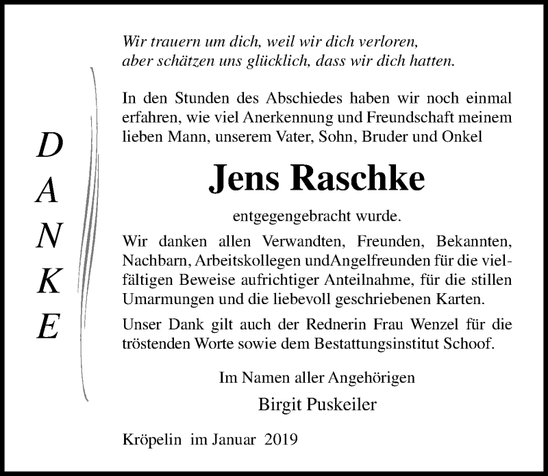  Traueranzeige für Jens Raschke vom 09.02.2019 aus Ostsee-Zeitung GmbH