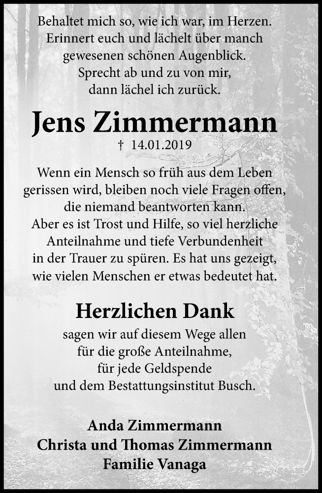  Traueranzeige für Jens Zimmermann vom 16.02.2019 aus 