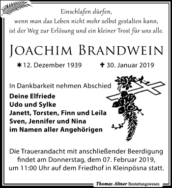 Traueranzeige von Joachim Brandwein von Leipziger Volkszeitung